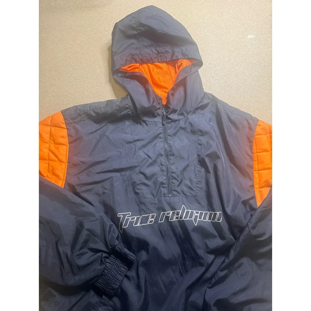 True Religion Mens Anorak Pullover Hooded‎ Jacket Black Orange Size Large